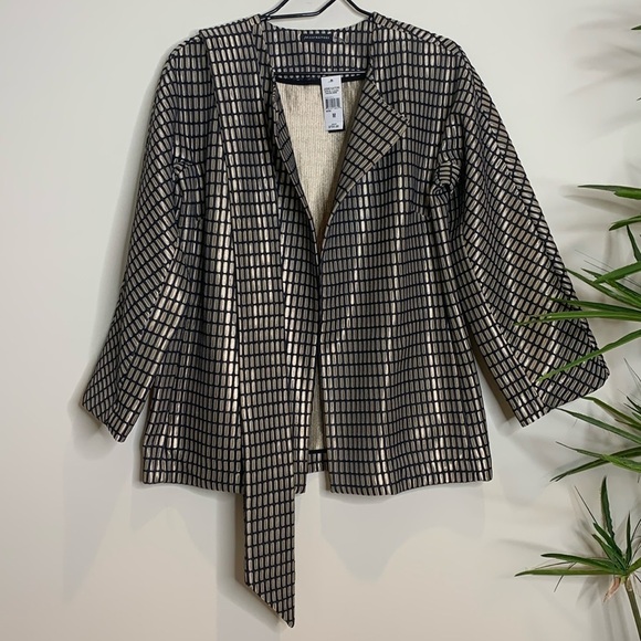 Josie Natori | NWT Tan Black Woven Metal Belted Kimono Style Jacket M MSRP $795 - Picture 1 of 17